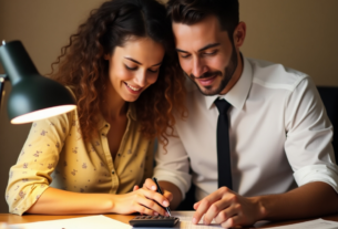 casal no escritório fazendo calculos