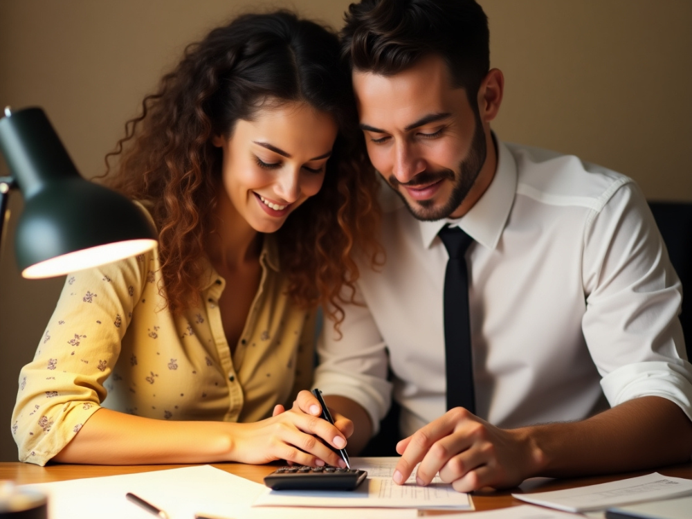 casal no escritório fazendo calculos
